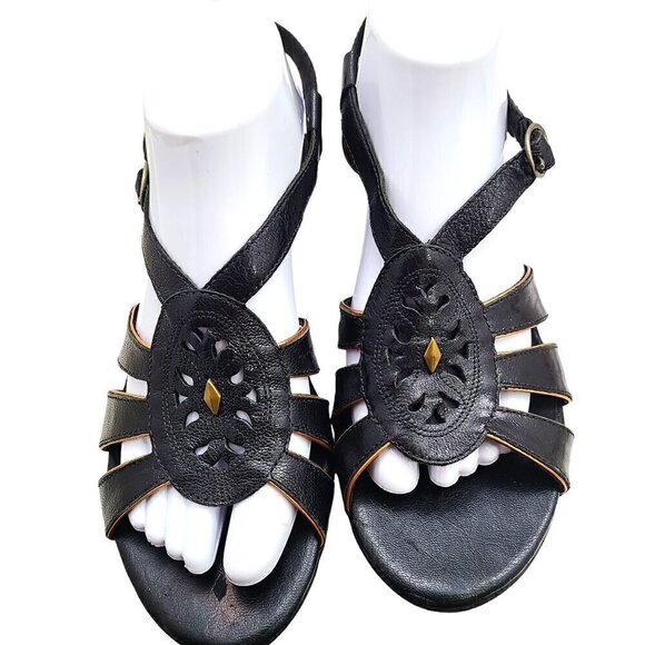 Clarks Bendables Black Leather Cut Out Ankle Strap Wedge Comfort Sandals - Picture 3 of 9